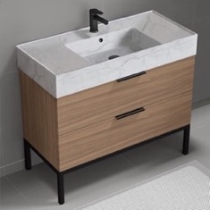 Modern Bathroom Vanity, Walnut, 40 inch, Marble Style Sink, Free Standing